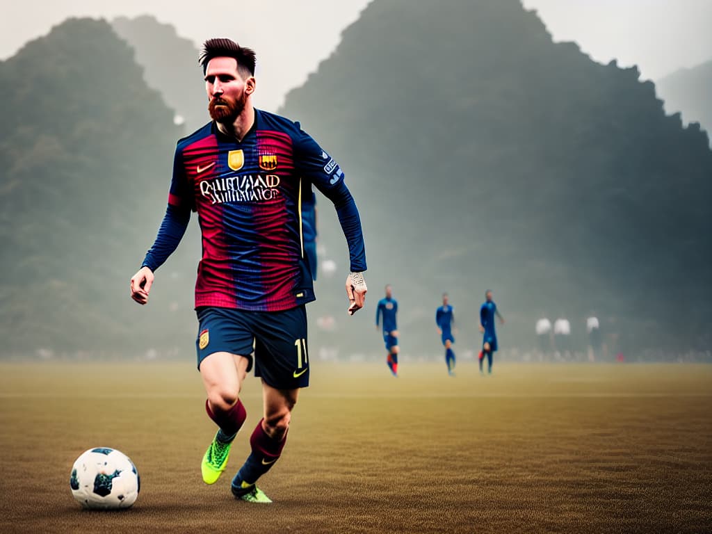  MESSI in soccer hyperrealistic, full body, detailed clothing, highly detailed, cinematic lighting, stunningly beautiful, intricate, sharp focus, f/1. 8, 85mm, (centered image composition), (professionally color graded), ((bright soft diffused light)), volumetric fog, trending on instagram, trending on tumblr, HDR 4K, 8K