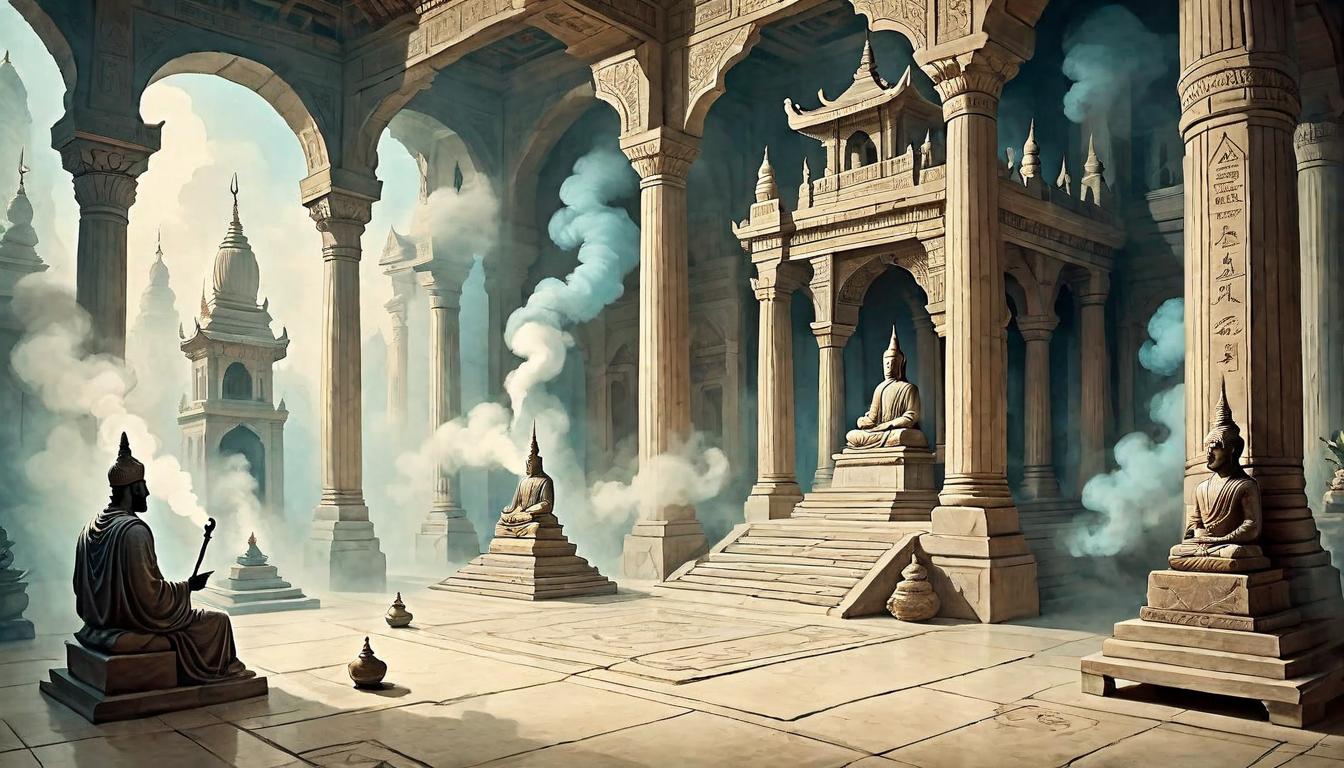  on parchment, surrealism+++, Serene interior of a temple, meditative statues, incense smoke curling upwards, soft light filtering in, tranquil, sacred, peaceful(mysterious, provocative, symbolic,muted color)+++