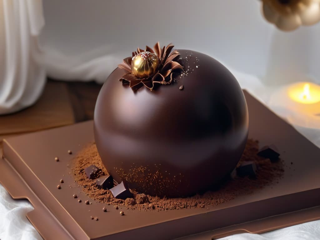  A closeup, ultradetailed image of a glossy, perfectly tempered chocolate sphere being delicately placed on a bed of intricate chocolate shards. The sphere reflects the surrounding light, showcasing a flawless, mirrorlike surface, while the shards exhibit a range of textures and shades, from matte to shiny, creating a visually captivating contrast. The composition is elegant and minimalist, with a focus on the precision and artistry of chocolate work, appealing to the sophisticated tastes of culinary enthusiasts. hyperrealistic, full body, detailed clothing, highly detailed, cinematic lighting, stunningly beautiful, intricate, sharp focus, f/1. 8, 85mm, (centered image composition), (professionally color graded), ((bright soft diffused light)), volumetric fog, trending on instagram, trending on tumblr, HDR 4K, 8K