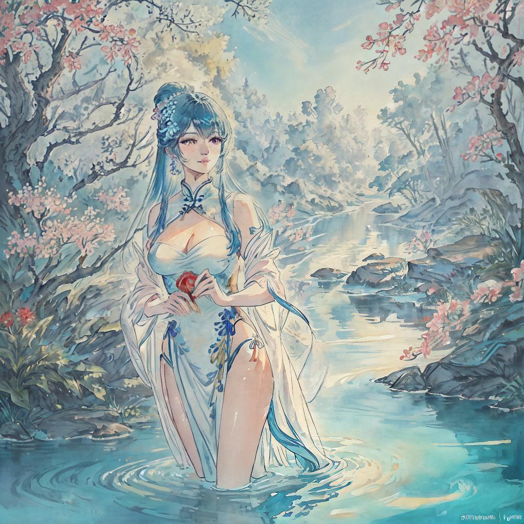  A Chinese beauty swimming in a river, wearing a bikini and showcasing a beautiful figure, in a realistic style. The character occupies a significant portion of the image. The water is crystal clear, reflecting the sunlight and creating a shimmering effect on her skin. The surrounding nature is lush and vibrant, with colorful flowers and trees. The scene is captured in high detail and ultra-detailed, ensuring the ((best quality)) and 8k resolution. The artwork is reminiscent of the works of renowned artist Liu Yunfei. hyperrealistic, full body, detailed clothing, highly detailed, cinematic lighting, stunningly beautiful, intricate, sharp focus, f/1. 8, 85mm, (centered image composition), (professionally color graded), ((bright soft diffused light)), volumetric fog, trending on instagram, trending on tumblr, HDR 4K, 8K