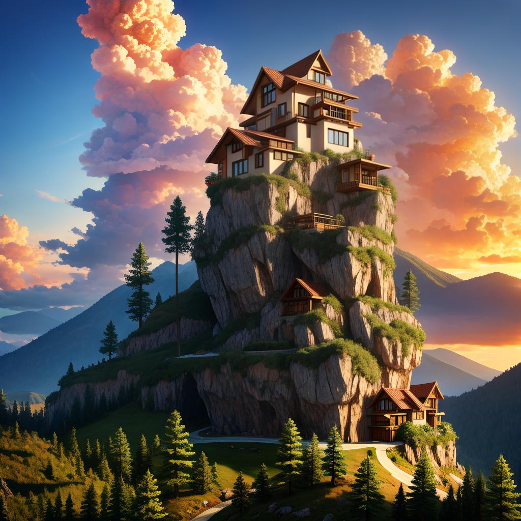  Hyper realistic, large modern house built into side of mountain, dramatic lighting, flambient clouds, epic sunrise, highly detailed, perfect composition, 4k