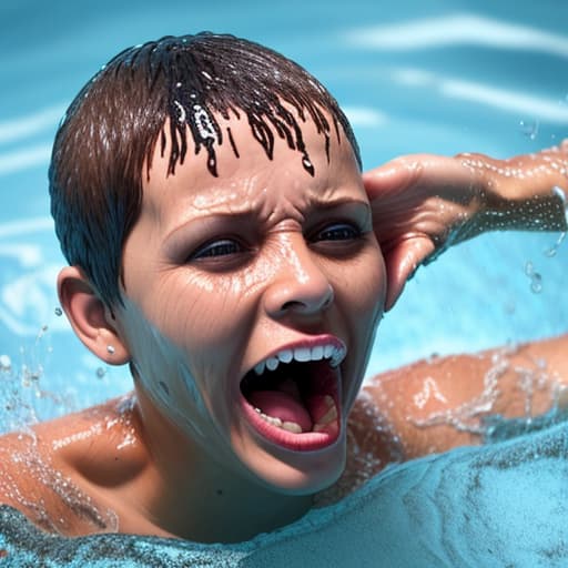  tanned woman's face with short haircut drowning in water she's screaming and panic