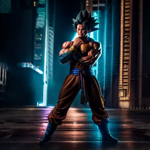  goku hyperrealistic, full body, detailed clothing, highly detailed, cinematic lighting, stunningly beautiful, intricate, sharp focus, f/1. 8, 85mm, (centered image composition), (professionally color graded), ((bright soft diffused light)), volumetric fog, trending on instagram, trending on tumblr, HDR 4K, 8K