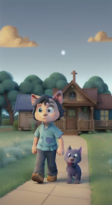  {Max walking back towards the cozy little house with droopy eyes, as twilight falls, The big blue dog is large with sky blue fur, big round eyes, a black nose, and floppy ears.