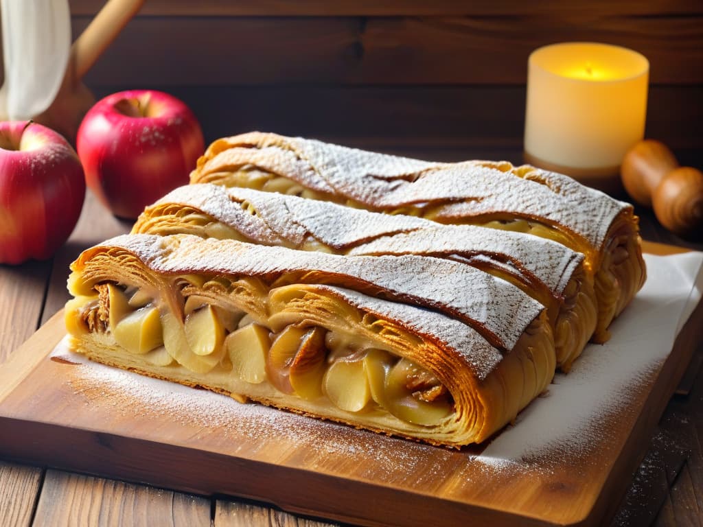  An ultradetailed image of a freshly baked apple strudel resting on a rustic wooden table, dusted with a light sprinkle of powdered sugar. The goldenbrown, flaky layers of pastry enveloping the warm, cinnamonscented apple filling glisten slightly under soft, natural lighting, creating a mouthwatering and inviting scene that perfectly captures the essence of this traditional Austrian delicacy. hyperrealistic, full body, detailed clothing, highly detailed, cinematic lighting, stunningly beautiful, intricate, sharp focus, f/1. 8, 85mm, (centered image composition), (professionally color graded), ((bright soft diffused light)), volumetric fog, trending on instagram, trending on tumblr, HDR 4K, 8K