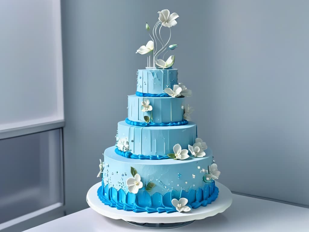  An image showcasing a sleek, futuristic robotic arm delicately piping intricate floral designs onto a multitiered wedding cake. The robotic arm is silver with neon blue accents, standing out against the soft pastel colors of the cake layers. Each petal and swirl of frosting is perfectly placed, highlighting the seamless blend of artistry and technology in cake decoration. The background is a clean, white surface, emphasizing the precision and elegance of the robotic process. hyperrealistic, full body, detailed clothing, highly detailed, cinematic lighting, stunningly beautiful, intricate, sharp focus, f/1. 8, 85mm, (centered image composition), (professionally color graded), ((bright soft diffused light)), volumetric fog, trending on instagram, trending on tumblr, HDR 4K, 8K