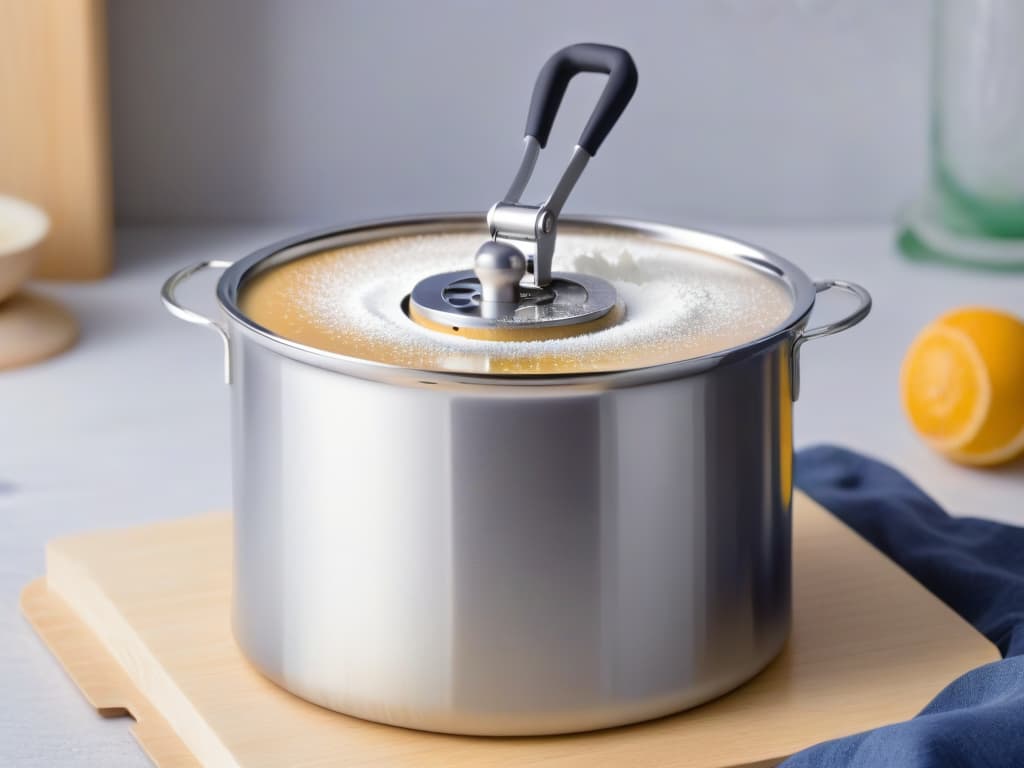  A closeup, ultradetailed image of a sleek, modern Wilton Flour Sifter with a shiny chrome finish. The focus is on the intricate gears of the handcrank mechanism, capturing the precision and efficiency of the tool. The background is a soft, blurred gradient to enhance the minimalist aesthetic, emphasizing the craftsmanship and quality of the product. hyperrealistic, full body, detailed clothing, highly detailed, cinematic lighting, stunningly beautiful, intricate, sharp focus, f/1. 8, 85mm, (centered image composition), (professionally color graded), ((bright soft diffused light)), volumetric fog, trending on instagram, trending on tumblr, HDR 4K, 8K