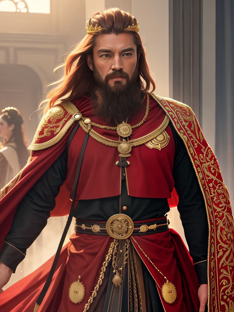  Polyamore King with 7 queen Girls , Red Gold clothes , King in the middle, with beard and Hair, gold rubins red, Vikinger King, golden Red crown, King Red golden cape, only one guy, Godlike, strong man , 8k, hight quality picture, realistic, only one man, one king, one man Guy hyperrealistic, full body, detailed clothing, highly detailed, cinematic lighting, stunningly beautiful, intricate, sharp focus, f/1. 8, 85mm, (centered image composition), (professionally color graded), ((bright soft diffused light)), volumetric fog, trending on instagram, trending on tumblr, HDR 4K, 8K