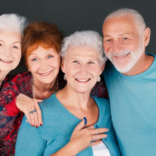 portrait+ style Three old European women in t-shirts and two woman giving es to his on the cheek hug