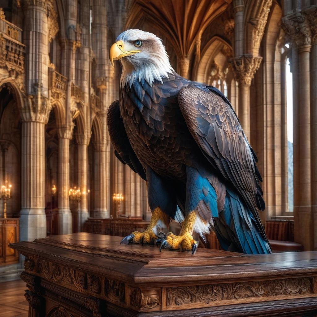  Fairy tale blue eyed eagle. Neuschwanstein. hyperrealistic, full body, detailed clothing, highly detailed, cinematic lighting, stunningly beautiful, intricate, sharp focus, f/1. 8, 85mm, (centered image composition), (professionally color graded), ((bright soft diffused light)), volumetric fog, trending on instagram, trending on tumblr, HDR 4K, 8K