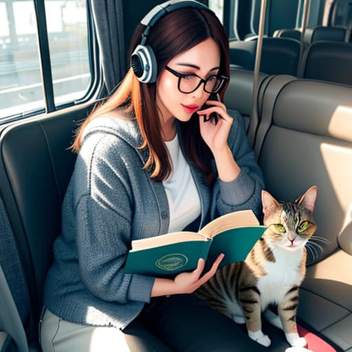  Realistic image of a cat wearing headphones and reading glasses while riding a bus. hyperrealistic, full body, detailed clothing, highly detailed, cinematic lighting, stunningly beautiful, intricate, sharp focus, f/1. 8, 85mm, (centered image composition), (professionally color graded), ((bright soft diffused light)), volumetric fog, trending on instagram, trending on tumblr, HDR 4K, 8K