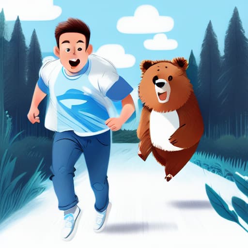  a boy with blue shirt and blue jeans is running, a bear chasing