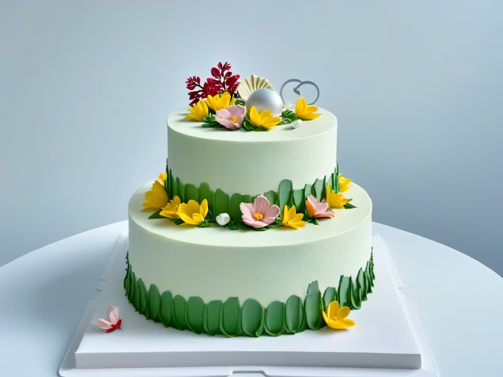  A highresolution, minimalist image of an intricately decorated multitiered cake with delicate sugar flowers and intricate piping details, set against a clean, uncluttered background. The cake should exude elegance and sophistication, showcasing the artistry and precision involved in advanced pastry techniques. hyperrealistic, full body, detailed clothing, highly detailed, cinematic lighting, stunningly beautiful, intricate, sharp focus, f/1. 8, 85mm, (centered image composition), (professionally color graded), ((bright soft diffused light)), volumetric fog, trending on instagram, trending on tumblr, HDR 4K, 8K