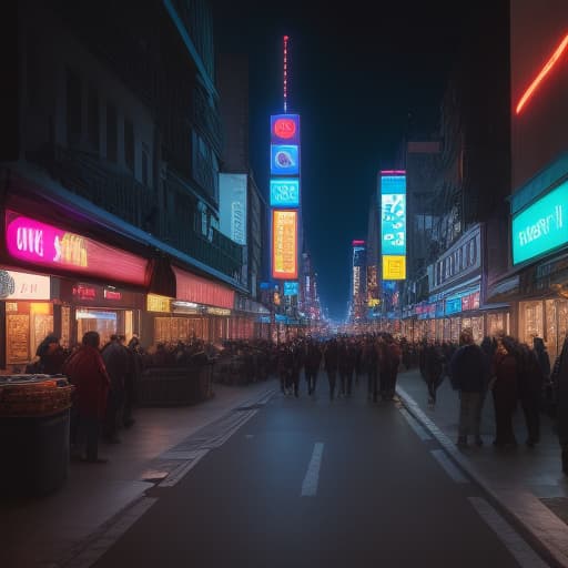  photograph of a busy city street at dusk, taken from a low angle, with towering buildings and vibrant neon lights hyperrealistic, full body, detailed clothing, highly detailed, cinematic lighting, stunningly beautiful, intricate, sharp focus, f/1. 8, 85mm, (centered image composition), (professionally color graded), ((bright soft diffused light)), volumetric fog, trending on instagram, trending on tumblr, HDR 4K, 8K