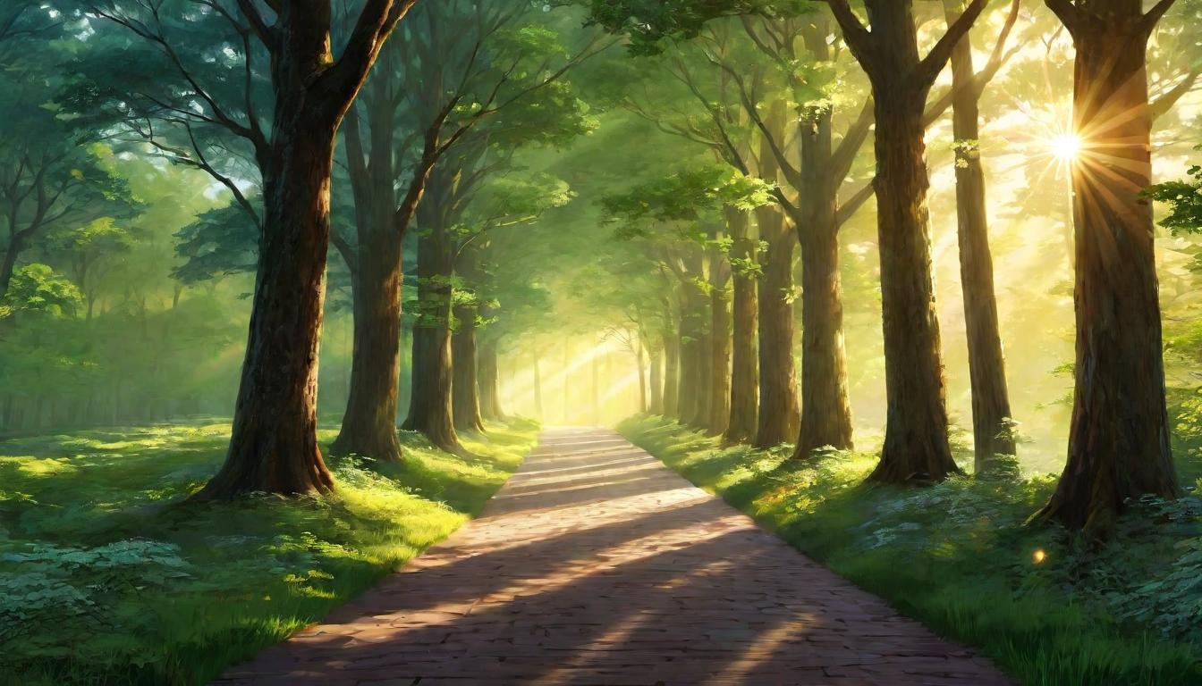  digital illustration A pathway flanked by towering trees, each emanating a soft glow, converging towards a radiant, welcoming light at the end, invitation, journey, crossing thresholds, ethereal beauty, moment of decision looking at viewer, dynamic pose, (intricate details, masterpiece, best quality)