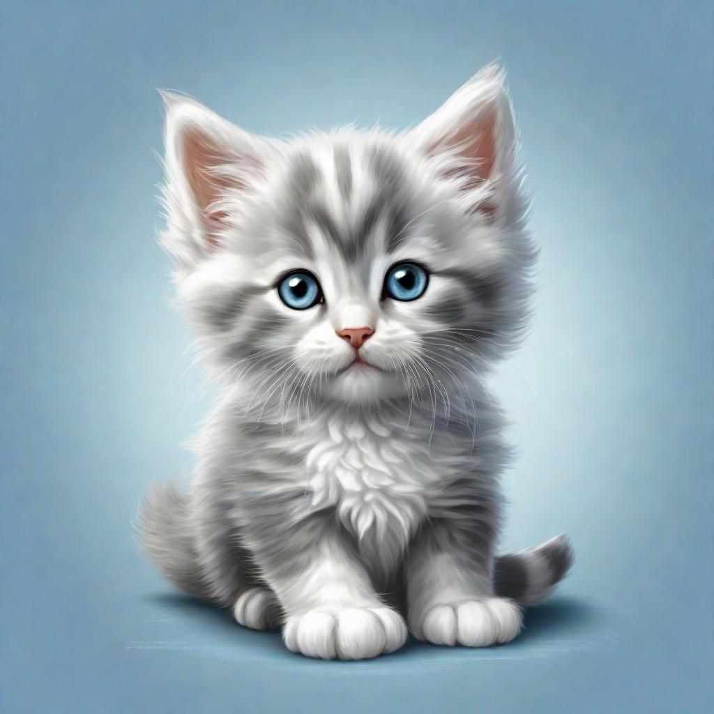  masterpiece, best quality, high quality realistic image of a cute fluffy grey and white kitten sitting, plain blue background