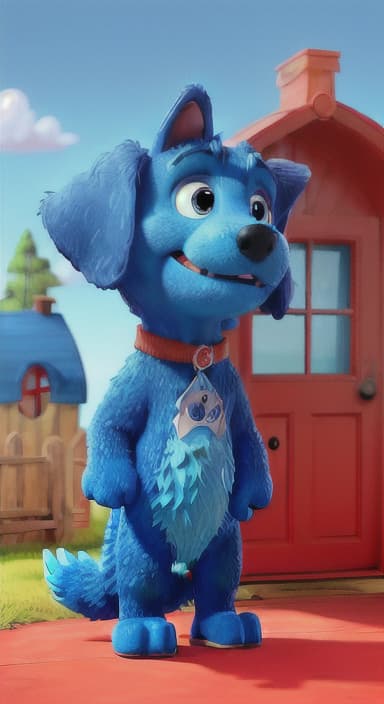  {Max the big blue dog standing in front of a cozy little house with a red door, The big blue dog is large with sky blue fur, big round eyes, a black nose, and floppy ears.