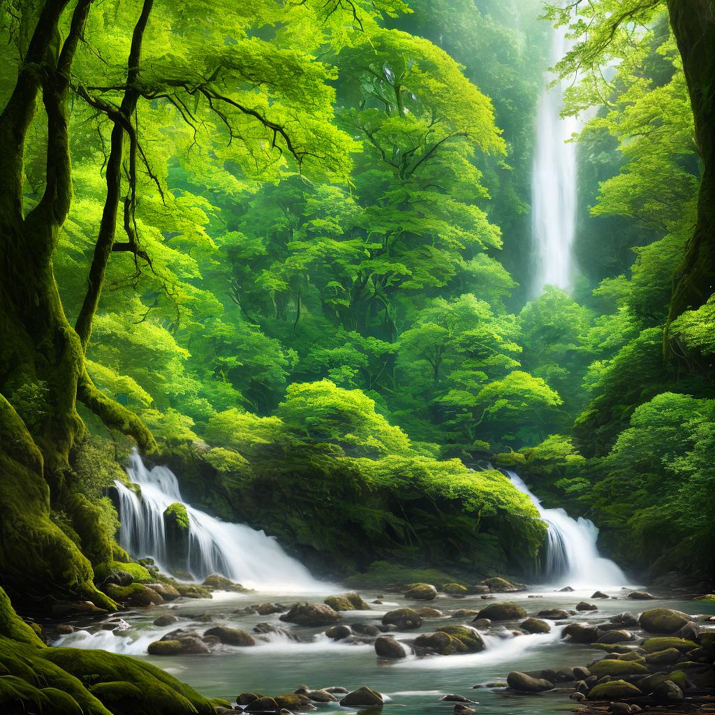  A breathtaking masterpiece of temperate forests in the highest quality 8k resolution, showcasing the intricate details of every leaf and branch. The main subject of the scene is a majestic waterfall cascading down into a crystal-clear river, surrounded by towering ancient trees. The sunlight filters through the lush canopy, casting a vibrant green glow on the forest floor. The air is filled with the gentle chirping of birds and the soothing sound of water flowing. This ultra-detailed artwork captures the serene beauty and tranquility of temperate forests, transporting the viewer into a magical woodland realm. hyperrealistic, full body, detailed clothing, highly detailed, cinematic lighting, stunningly beautiful, intricate, sharp focus, f/1. 8, 85mm, (centered image composition), (professionally color graded), ((bright soft diffused light)), volumetric fog, trending on instagram, trending on tumblr, HDR 4K, 8K