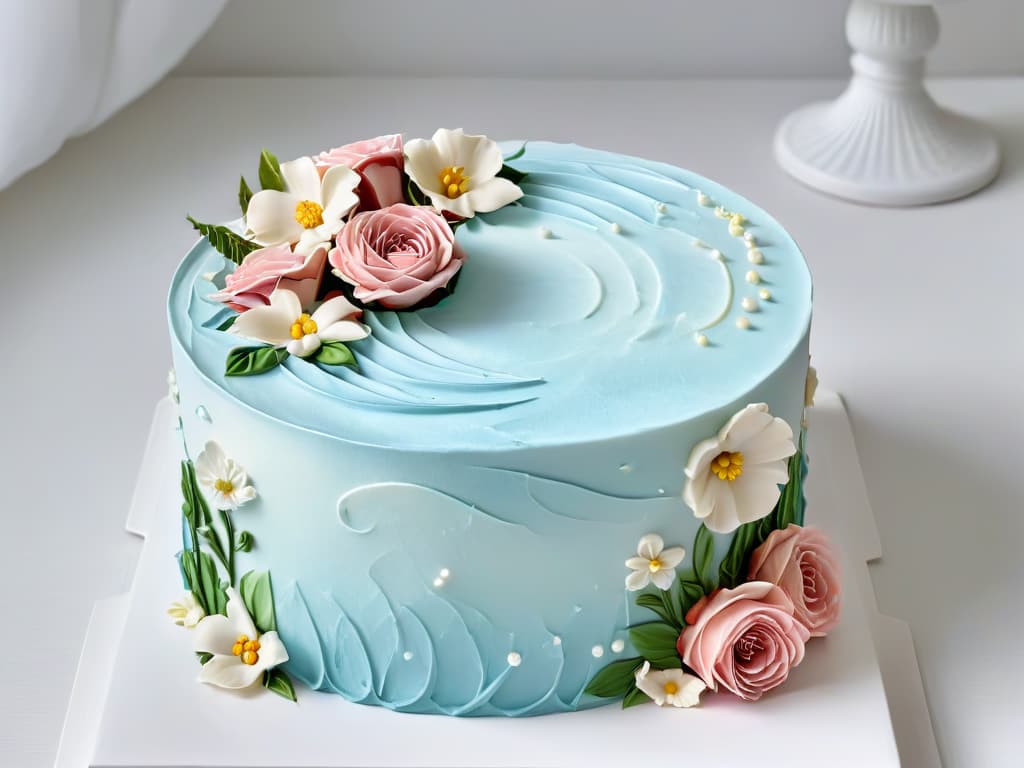  A beautifully decorated glutenfree cake featuring intricate piping work in various shades of pastel colors, showcasing delicate flowers and elegant swirls on a pristine white fondant surface. The design is sophisticated and visually appealing, with precise detailing that highlights the skill and artistry involved in glutenfree cake decoration. hyperrealistic, full body, detailed clothing, highly detailed, cinematic lighting, stunningly beautiful, intricate, sharp focus, f/1. 8, 85mm, (centered image composition), (professionally color graded), ((bright soft diffused light)), volumetric fog, trending on instagram, trending on tumblr, HDR 4K, 8K