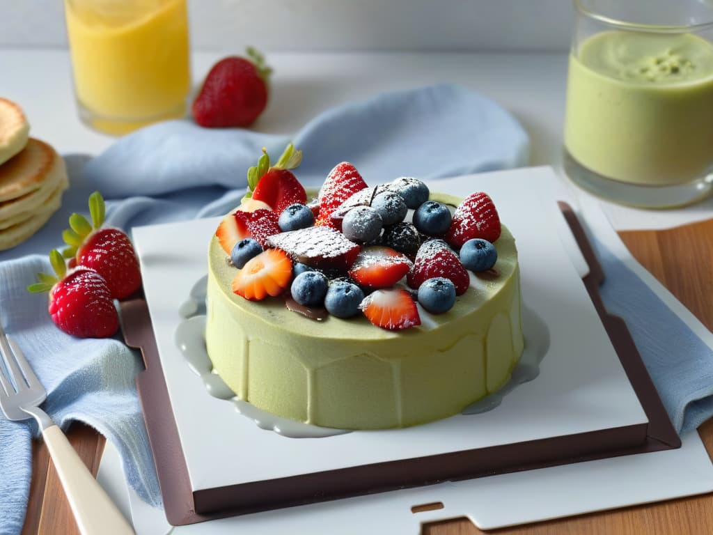  A highquality, minimalist image of a beautifully arranged breakfast spread on a sleek, modern table. The spread includes ketofriendly sweet breakfast items like chia seed pudding topped with fresh berries, almond flour pancakes with sugarfree syrup, and avocado chocolate mousse. The soft morning light gently illuminates the scene, casting a warm glow on the food, creating an inviting and appetizing atmosphere. hyperrealistic, full body, detailed clothing, highly detailed, cinematic lighting, stunningly beautiful, intricate, sharp focus, f/1. 8, 85mm, (centered image composition), (professionally color graded), ((bright soft diffused light)), volumetric fog, trending on instagram, trending on tumblr, HDR 4K, 8K