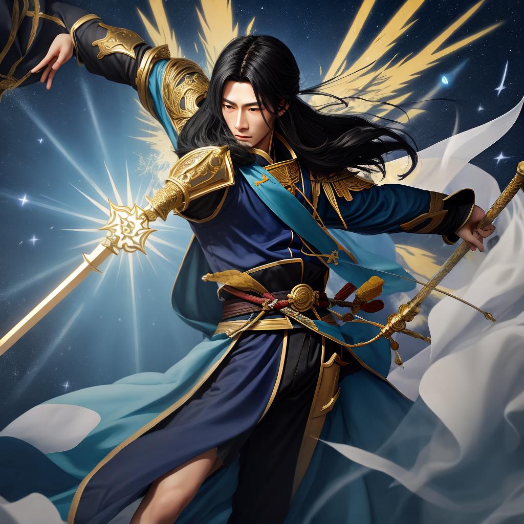  A swordsman flying on a flying sword above the Nine Heavens. The swordsman has a tall bundle of black hair, and his body is emitting a faint golden light. There are faint golden spell symbols appearing between the Nine Heavens.