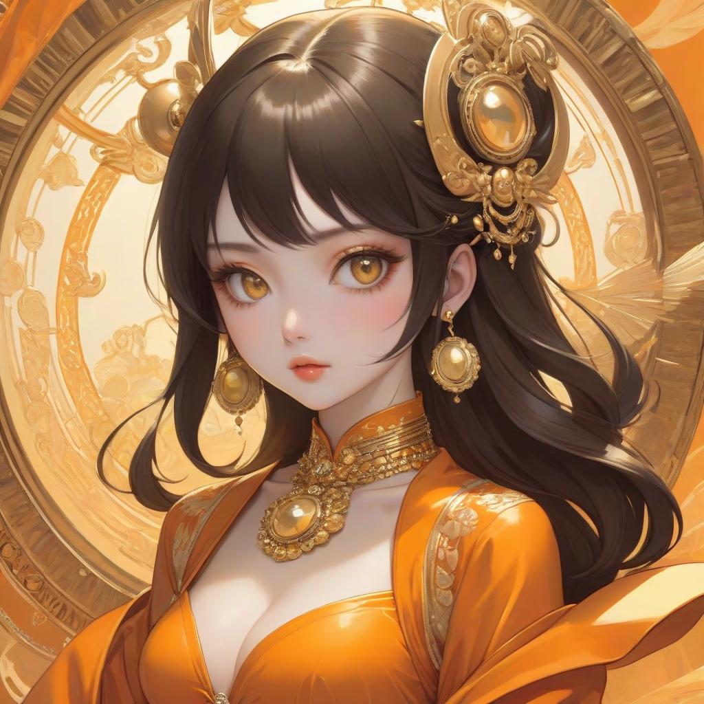  surrealist art A cartoon in an orange costume with gold jewelry, in the style of miho hirano, light yellow and dark brown, close up, traditional costumes, like simplicity, comic art, tondo . dreamlike, mysterious, , symbolic, intricate, detailed hyperrealistic, full body, detailed clothing, highly detailed, cinematic lighting, stunningly beautiful, intricate, sharp focus, f/1. 8, 85mm, (centered image composition), (professionally color graded), ((bright soft diffused light)), volumetric fog, trending on instagram, trending on tumblr, HDR 4K, 8K