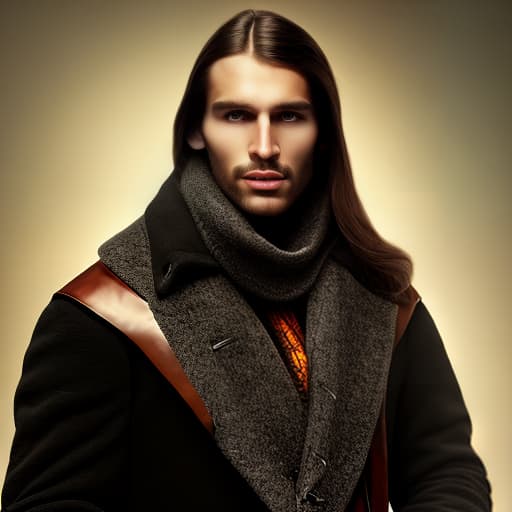 mdjrny-v4 style Portrait of a handsome man with crimson eyes, long black hair and light skin. Wearing a black coat with a brown scarf.