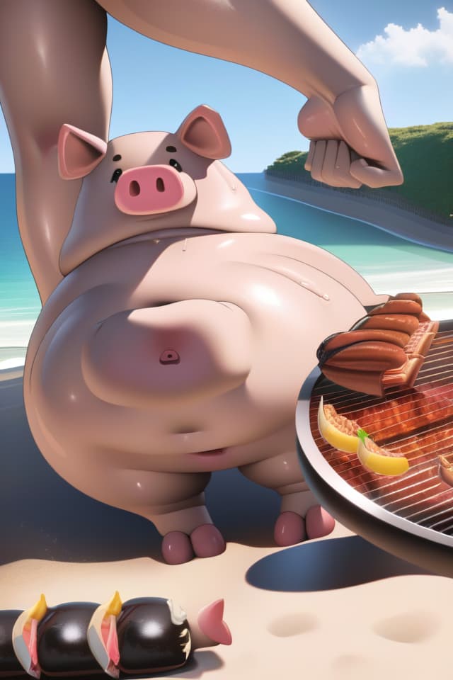  extremely obese girl、pink colored hair、((bright deep pink colored drooping pig's ears:1.4、ultra detailed plump & fat face sweaty smile:1.4、ultra detailed shiny dark skin girl:1.4))、(((on the beach:1.4、barbecue:1.4)))、(、eating a lot of barbecue)、dutch angle、best quality:1.4、masterpiece:1.4、ultra detailed texture、RAW photorealistic、absurd resolution、8K illustration、💩、💩、💩、💩、💩、💩 hyperrealistic, full body, detailed clothing, highly detailed, cinematic lighting, stunningly beautiful, intricate, sharp focus, f/1. 8, 85mm, (centered image composition), (professionally color graded), ((bright soft diffused light)), volumetric fog, trending on instagram, trending on tumblr, HDR 4K, 8K