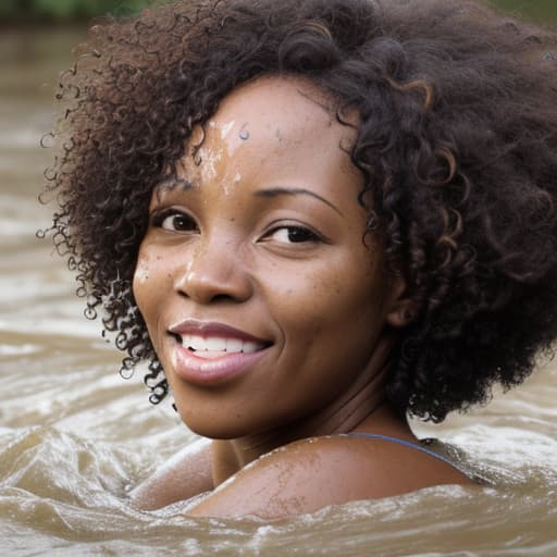  african woman's face with short and curly hair drowning in the river