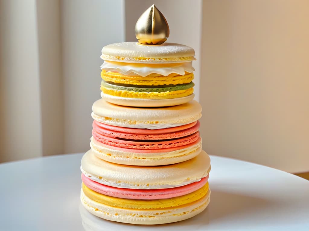  A closeup, ultradetailed image of a delicate French macaron tower with pastel colors, showcasing intricate details of the smooth, glossy surface and light, airy texture. Each macaron is perfectly formed, with a slight dusting of edible gold leaf adding a touch of elegance. The background is a soft focus, blurred to keep the focus solely on the exquisite craftsmanship of the macarons. hyperrealistic, full body, detailed clothing, highly detailed, cinematic lighting, stunningly beautiful, intricate, sharp focus, f/1. 8, 85mm, (centered image composition), (professionally color graded), ((bright soft diffused light)), volumetric fog, trending on instagram, trending on tumblr, HDR 4K, 8K