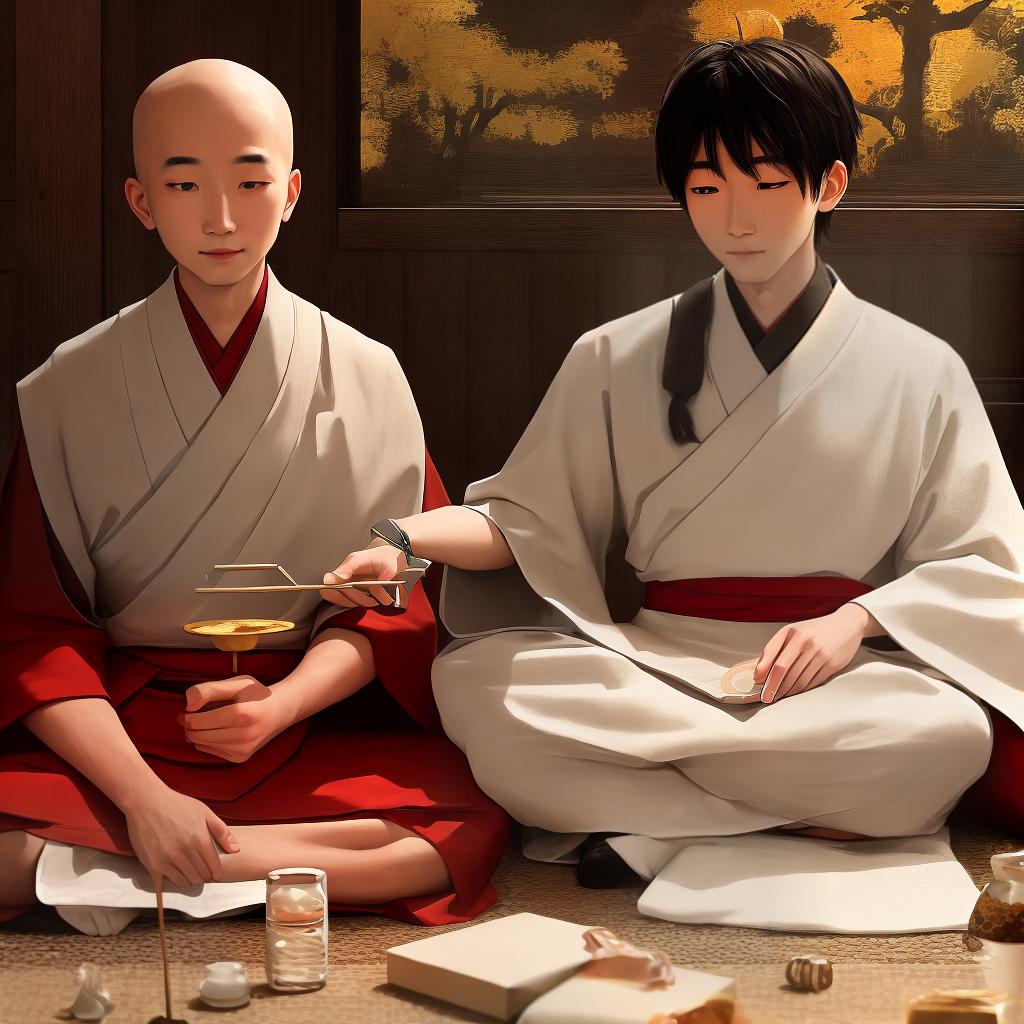  Masterpiece, best quality, use AI magic to create a Zen painting, showing the warm moment of Zen master and young monk. Let AI describe for you that Zen master is telling a profound story to the young monk with deep eyes. Let this picture be full of wisdom and peace, so that the viewer can feel the power of Zen. Come and create your own Zen world
