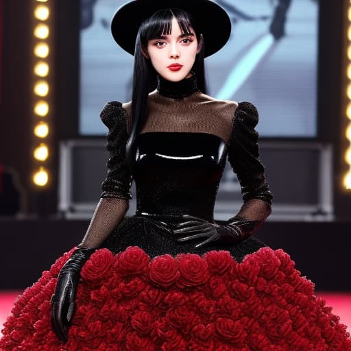  Dress in a long glittery black big hips and long sleeves with gloves and a hat ugh a red flower luxurious dress with a girl with black hair in the runaway for ysl the background has to be black and lots of flashing cameras are painting tbher