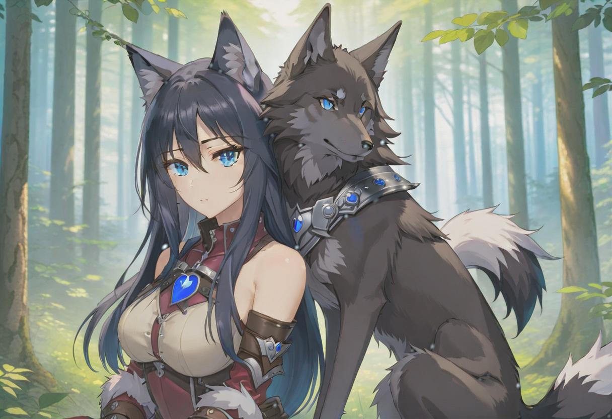  anime artwork A she wolf with long black hair, she has blue eyes and s of the second size, also wolf ears and tail. She wears a leather armor hugging her body and accentuating the beauty of the she wolf . She stands alone, behind her is a forest. She sits, looking into the distance. She is ve, kind, beautiful, and kind hearted, but tries to hide it. She has beautiful legs. . anime style, key visual, vint, studio anime, highly detailed hyperrealistic, full body, detailed clothing, highly detailed, cinematic lighting, stunningly beautiful, intricate, sharp focus, f/1. 8, 85mm, (centered image composition), (professionally color graded), ((bright soft diffused light)), volumetric fog, trending on instagram, trending on tumblr, HDR 4K, 8K