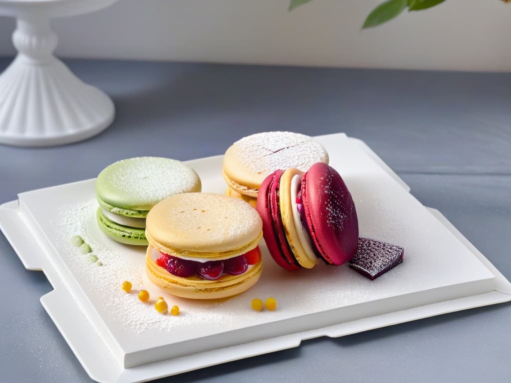  A closeup, ultradetailed image of a perfectly baked, light and airy macaron with a crisp outer shell and a soft, flavorful interior, delicately placed on a sleek, modern serving platter. The macaron is exquisitely garnished with a single fresh raspberry and a dusting of powdered sugar, highlighting its elegant simplicity and delicious appeal. The pastel colors of the macaron and the platter complement each other beautifully, creating a visually stunning and appetizing image that embodies the essence of healthy and delicious macarons. hyperrealistic, full body, detailed clothing, highly detailed, cinematic lighting, stunningly beautiful, intricate, sharp focus, f/1. 8, 85mm, (centered image composition), (professionally color graded), ((bright soft diffused light)), volumetric fog, trending on instagram, trending on tumblr, HDR 4K, 8K