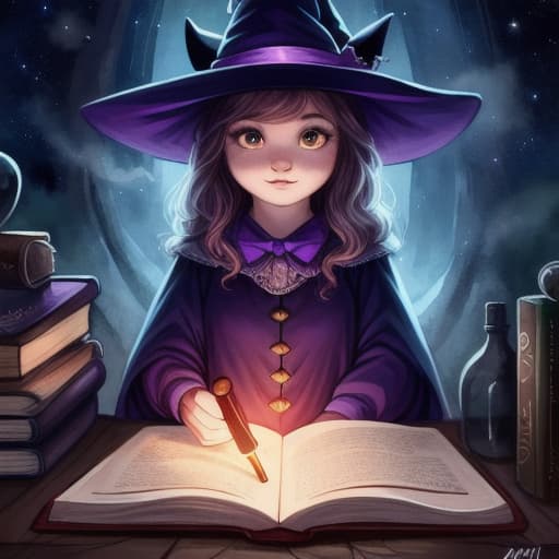  watercolor, storybook, child-book, witch, A girl in a purple hat using a magic wand to draw stars in the night sky, characters include: girl in purple hat with magic wand, starry night sky, best quality, very detailed, high resolution, sharp, sharp image hyperrealistic, full body, detailed clothing, highly detailed, cinematic lighting, stunningly beautiful, intricate, sharp focus, f/1. 8, 85mm, (centered image composition), (professionally color graded), ((bright soft diffused light)), volumetric fog, trending on instagram, trending on tumblr, HDR 4K, 8K