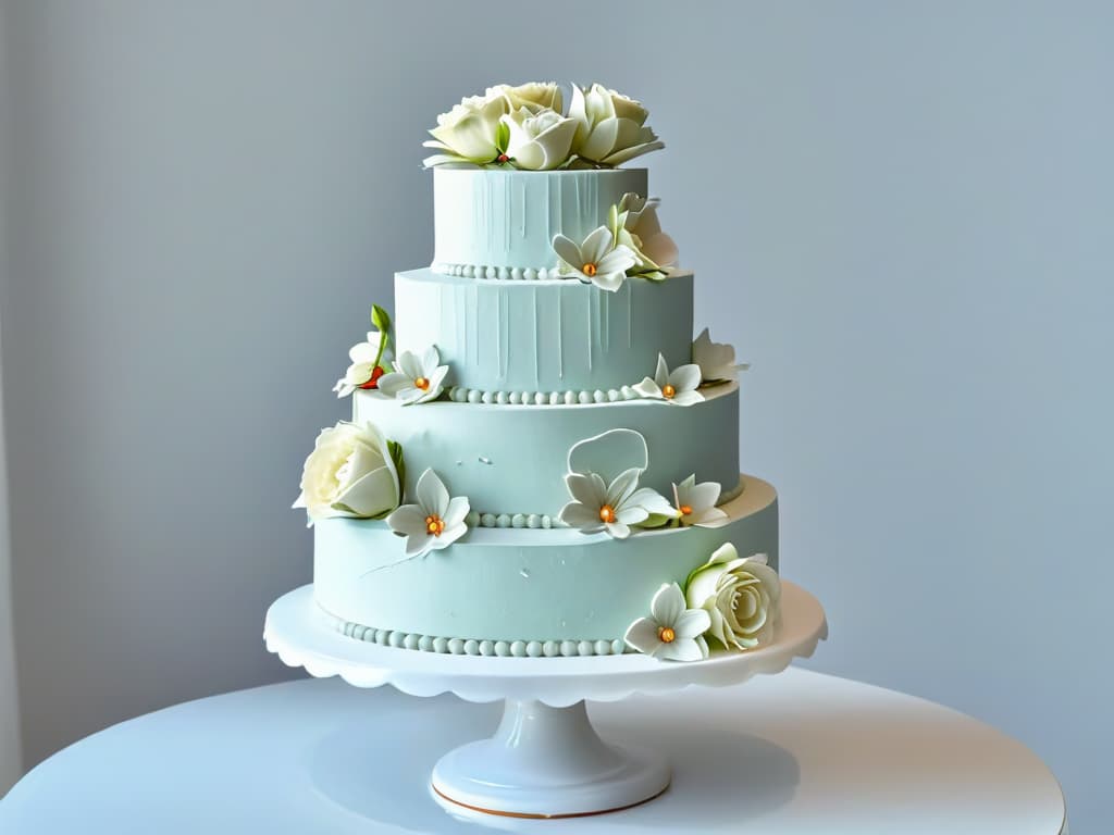  A closeup, ultradetailed image of an intricately decorated multitiered wedding cake, featuring delicate sugar flowers, intricate piping designs, and shimmering metallic accents. The cake is displayed on a sleek, modern cake stand against a clean, minimalistic background, highlighting the exquisite craftsmanship and artistry of the confection. hyperrealistic, full body, detailed clothing, highly detailed, cinematic lighting, stunningly beautiful, intricate, sharp focus, f/1. 8, 85mm, (centered image composition), (professionally color graded), ((bright soft diffused light)), volumetric fog, trending on instagram, trending on tumblr, HDR 4K, 8K