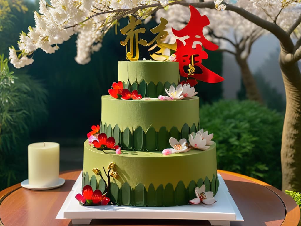  An intricately designed threetiered wedding cake adorned with delicate cherry blossoms and golden dragons, symbolizing love and good fortune, set against a backdrop of a serene Japanese garden with a traditional torii gate in the background. The cake features layers of matcha green tea sponge cake filled with red bean paste and decorated with edible gold leaf accents, creating a harmonious blend of flavors and cultural elements. The overall aesthetic is elegant, refined, and steeped in Japanese tradition, making it a perfect representation of exotic flavors in Asian wedding celebrations. hyperrealistic, full body, detailed clothing, highly detailed, cinematic lighting, stunningly beautiful, intricate, sharp focus, f/1. 8, 85mm, (centered image composition), (professionally color graded), ((bright soft diffused light)), volumetric fog, trending on instagram, trending on tumblr, HDR 4K, 8K