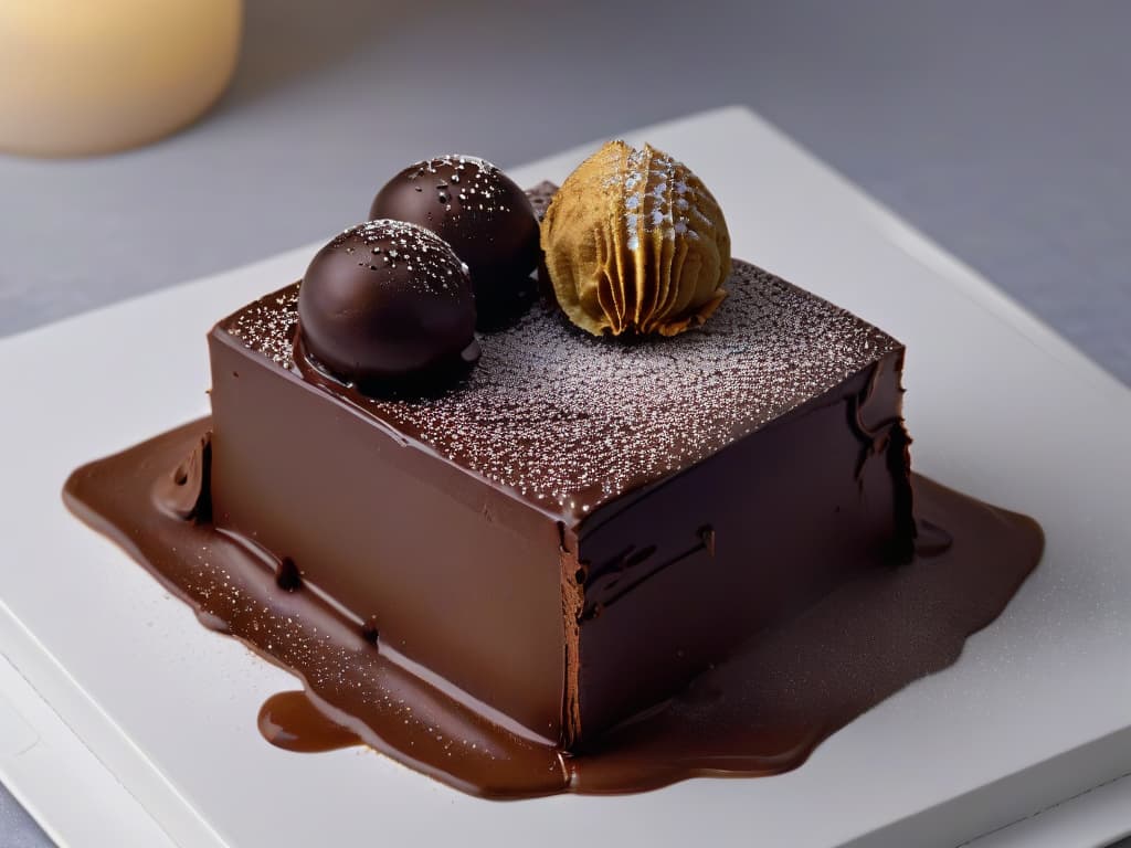  A closeup, photorealistic image of a delicate chocolate truffle being sliced in half, revealing intricate layers of rich ganache and a glossy chocolate shell. The truffle is placed on a sleek, modernist plate, with tiny droplets of condensation glistening on its surface, enhancing the luxurious and indulgent feel of the molecular chocolate techniques discussed in the article. The lighting is soft and focused, highlighting the texture and depth of the chocolate, making viewers almost able to smell the delicious aroma of cocoa and sweetness emanating from the image. hyperrealistic, full body, detailed clothing, highly detailed, cinematic lighting, stunningly beautiful, intricate, sharp focus, f/1. 8, 85mm, (centered image composition), (professionally color graded), ((bright soft diffused light)), volumetric fog, trending on instagram, trending on tumblr, HDR 4K, 8K