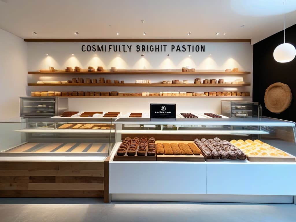  A minimalistic image of a beautifully decorated sustainable pastry shop, showcasing ecofriendly packaging, organic ingredients, and a serene, inviting atmosphere. The interior design is modern yet warm, with natural elements like wood and plants, exuding a sense of sustainability and sophistication. The focus is on the elegant branding elements subtly integrated into the space, such as logo placement on reusable containers and ethically sourced materials. The image conveys a message of sustainability in a visually appealing and professional manner, inspiring readers to consider the importance of ecoconscious practices in their own businesses. hyperrealistic, full body, detailed clothing, highly detailed, cinematic lighting, stunningly beautiful, intricate, sharp focus, f/1. 8, 85mm, (centered image composition), (professionally color graded), ((bright soft diffused light)), volumetric fog, trending on instagram, trending on tumblr, HDR 4K, 8K