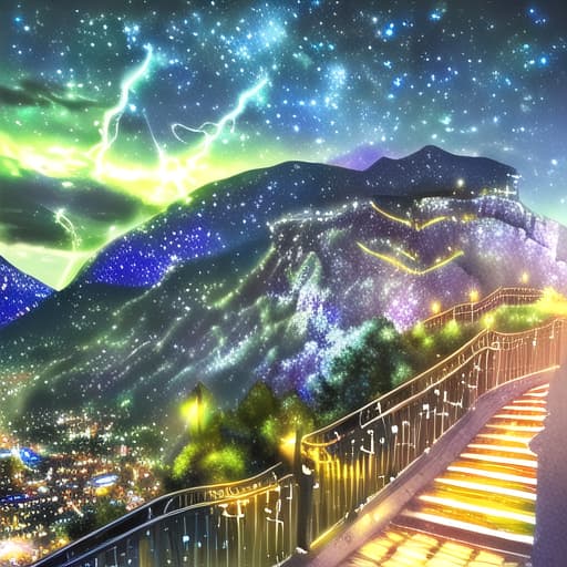  night time mountain road cliff edge with metal railing lightening in sky bright colours all around bright. Colours in the sky romantic