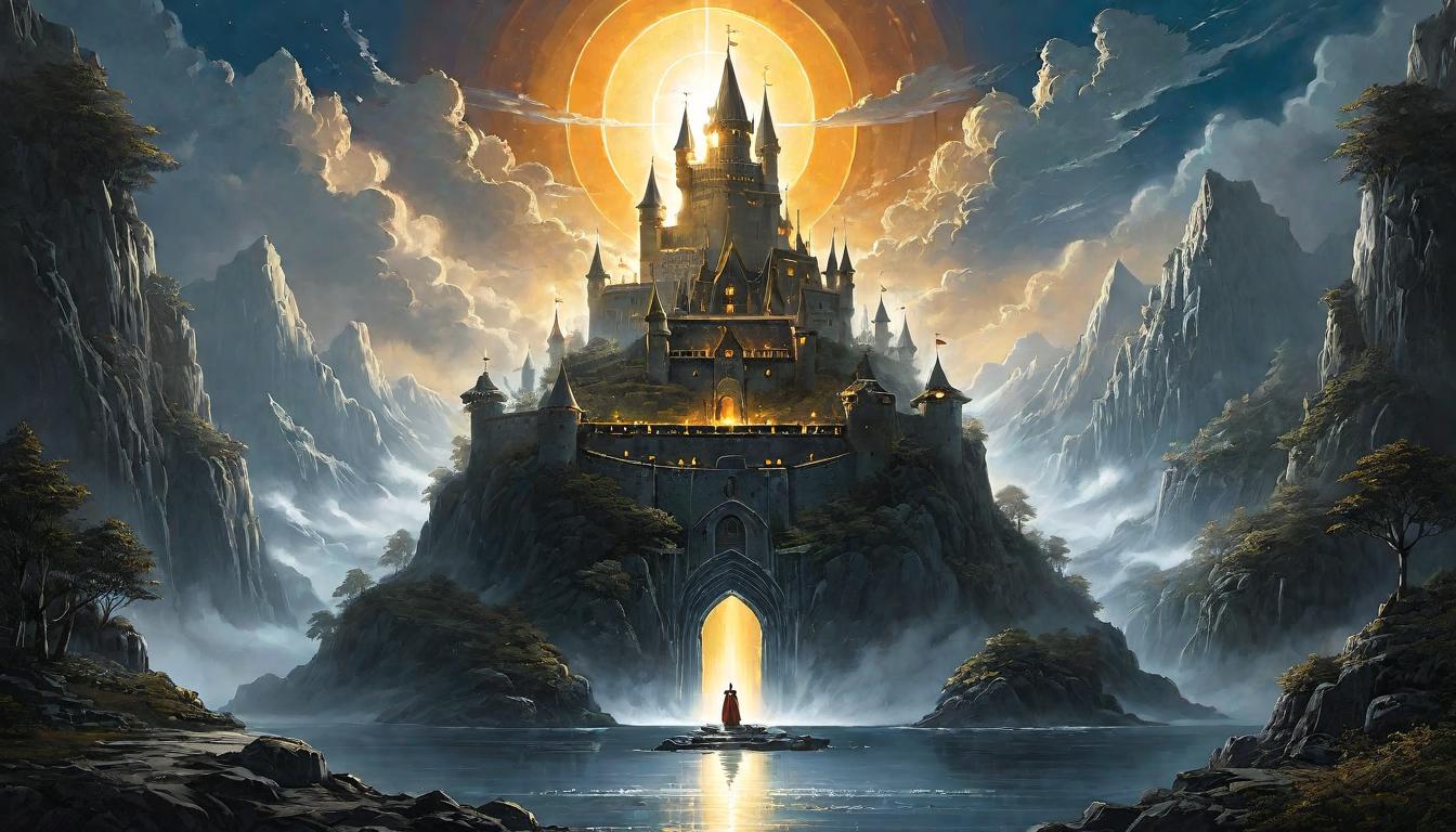  （surrealism)Divine light surrounding a fortified figure, glowing with inner strength, ethereal and radiant, depicted with a celestial backdrop, willpower and divinity mystic, intricate details, best quality)