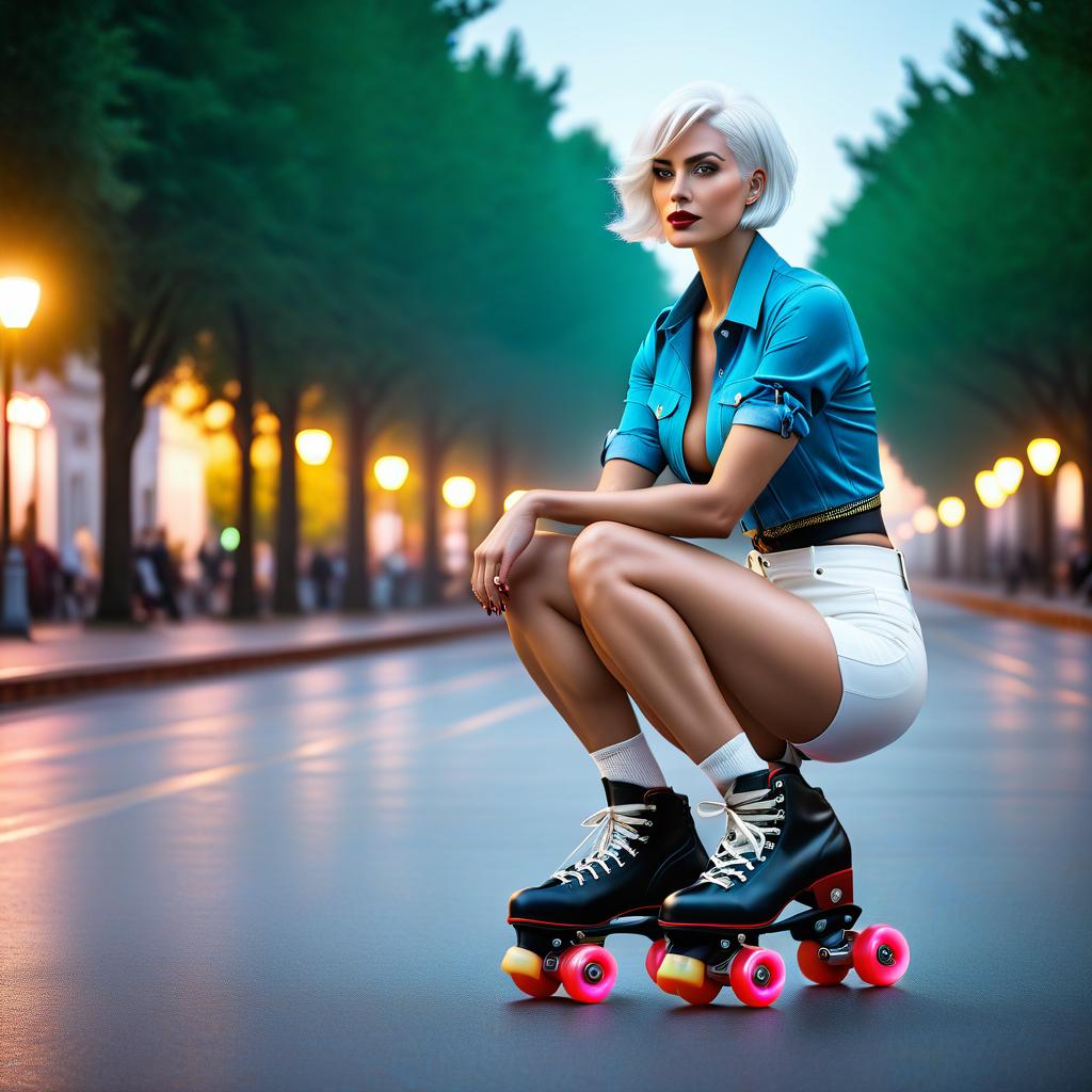  cinematic photo A , a large , white short hair, sits on roller skates. . 35mm photograph, film, bokeh, professional, 4k, highly detailed hyperrealistic, full body, detailed clothing, highly detailed, cinematic lighting, stunningly beautiful, intricate, sharp focus, f/1. 8, 85mm, (centered image composition), (professionally color graded), ((bright soft diffused light)), volumetric fog, trending on instagram, trending on tumblr, HDR 4K, 8K