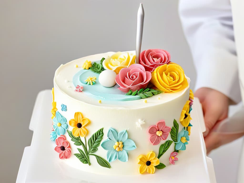  A closeup, ultradetailed image of a hand holding a piping bag filled with colorful icing, delicately piping intricate floral designs onto a pristine white cake. The focus is on the precision of the piping work, showcasing the artistry and skill required to achieve professionallevel decoration. The colors of the icing pop against the clean, minimalist backdrop, emphasizing the beauty and elegance of the decorating process. hyperrealistic, full body, detailed clothing, highly detailed, cinematic lighting, stunningly beautiful, intricate, sharp focus, f/1. 8, 85mm, (centered image composition), (professionally color graded), ((bright soft diffused light)), volumetric fog, trending on instagram, trending on tumblr, HDR 4K, 8K