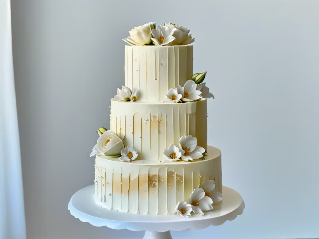  An intricately designed threetiered cake covered in edible gold and silver dust, with delicate sugar flowers cascading down the sides. The gold and silver shimmer in the soft lighting, creating a luxurious and elegant feel. The cake sits on a simple white cake stand against a clean, white background, emphasizing the opulence of the metallic accents. hyperrealistic, full body, detailed clothing, highly detailed, cinematic lighting, stunningly beautiful, intricate, sharp focus, f/1. 8, 85mm, (centered image composition), (professionally color graded), ((bright soft diffused light)), volumetric fog, trending on instagram, trending on tumblr, HDR 4K, 8K