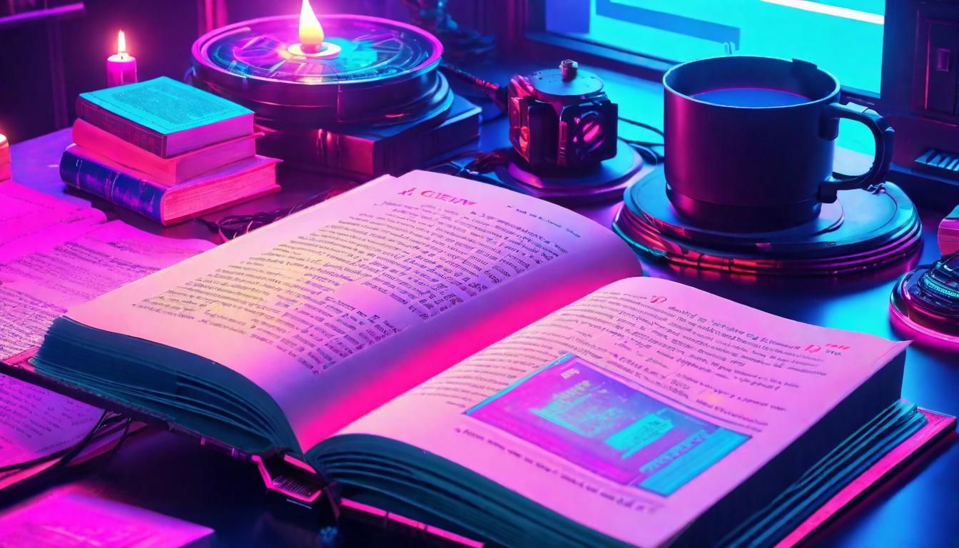  vaporwave,cyberpunk game style An open book under soft candlelight, pages telling the tale of Chiron, legacy of self healing, wisdom within the woundseon, dystopian, futuristic, digital, vibrant, detailed, high contrast, reminiscent of cyberpunk genre video games,retro aesthetic, cyberpunk, vibrant, neon colors, vintage 80s and 90s style, highly detailed