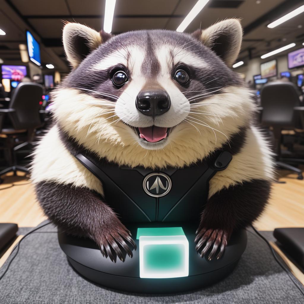  raccoon sitting in gaming chair front a computer on desktop, ((semi anthropomorphic)),(full body), tail, belly, sitting, fat, (chubby), (((white background))), solo, desktop, gaming chair, side view,  [[[clothes]]] hyperrealistic, full body, detailed clothing, highly detailed, cinematic lighting, stunningly beautiful, intricate, sharp focus, f/1. 8, 85mm, (centered image composition), (professionally color graded), ((bright soft diffused light)), volumetric fog, trending on instagram, trending on tumblr, HDR 4K, 8K