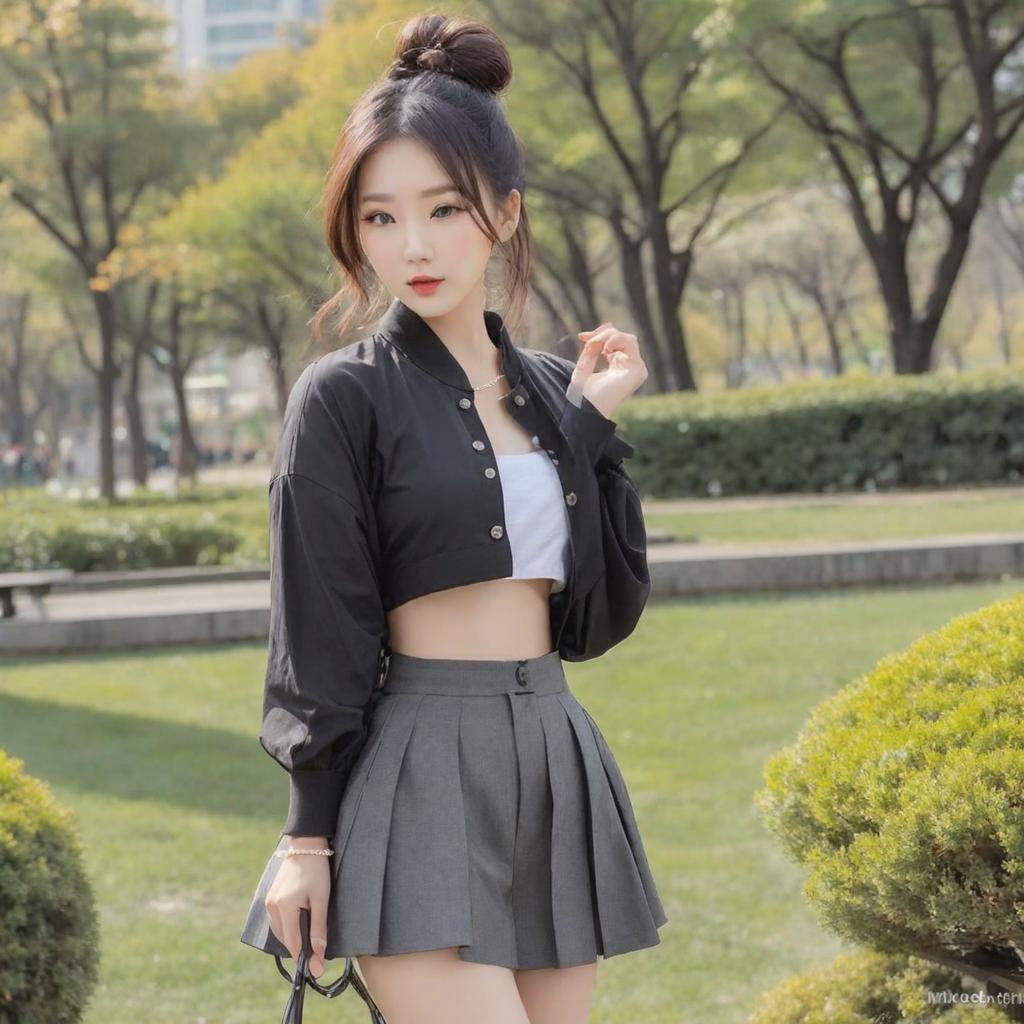  korean,asian,1 girl,bun hair,park,body