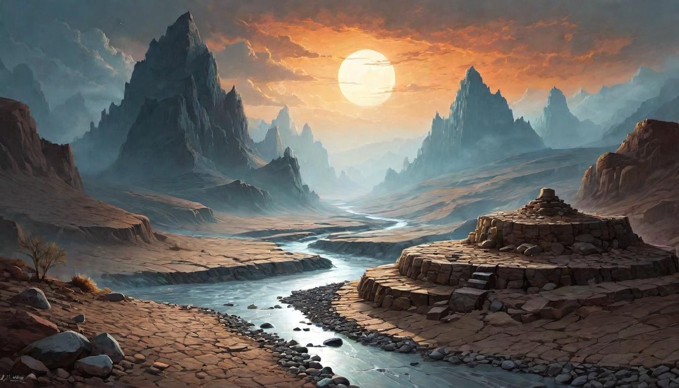  （surrealism)A dry riverbed, stones piled by the side, symbolizing the draining of energy, barren, desolation, lack of flow and vitality. mystic, intricate details, best quality)