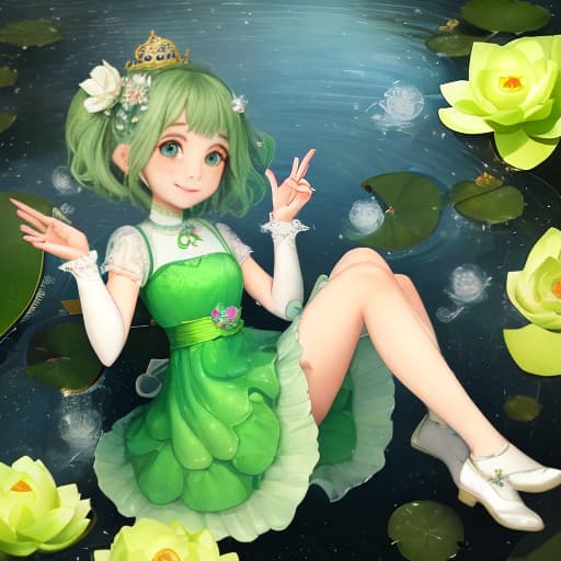  The mascot is a lotus fairy. She has a delicate shape and wears a beautiful lotus green dress with delicate water ripples. She wears a lotus-shaped hair accessory with sparkling water drops. She has big eyes that reveal kindness and warmth. The mascot's arms and legs are rippled, making her look more lively. She holds a lotus flower in her hand, symbolizing happiness and good luck. ，