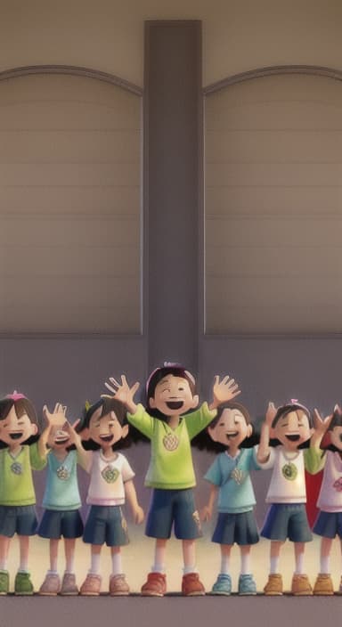  {A heartwarming scene of all the children waving goodbye with happy expressions., Children waving with wide smiles, looking grateful and content.